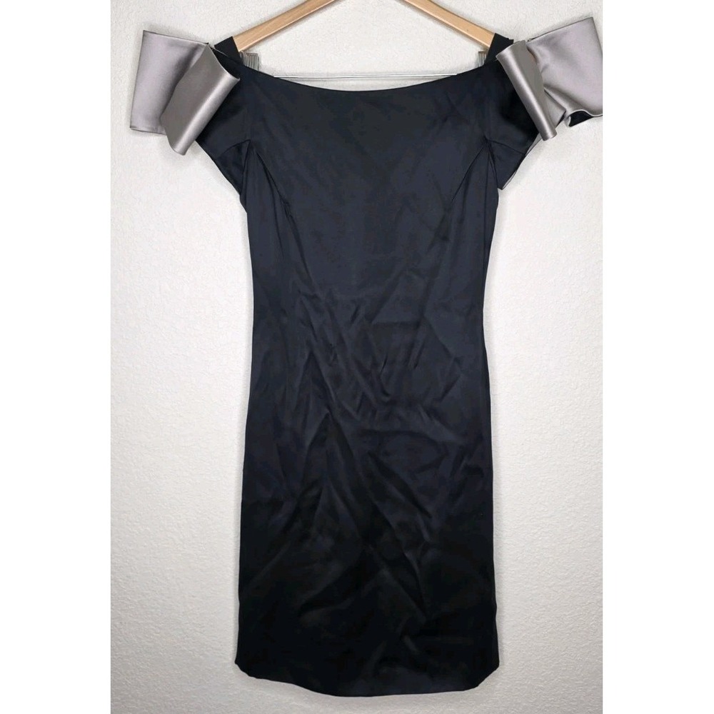 Giorgio Armani Silk Satin Black Cocktail Off Shoulder Bow Dress Italy Made Sz 38
